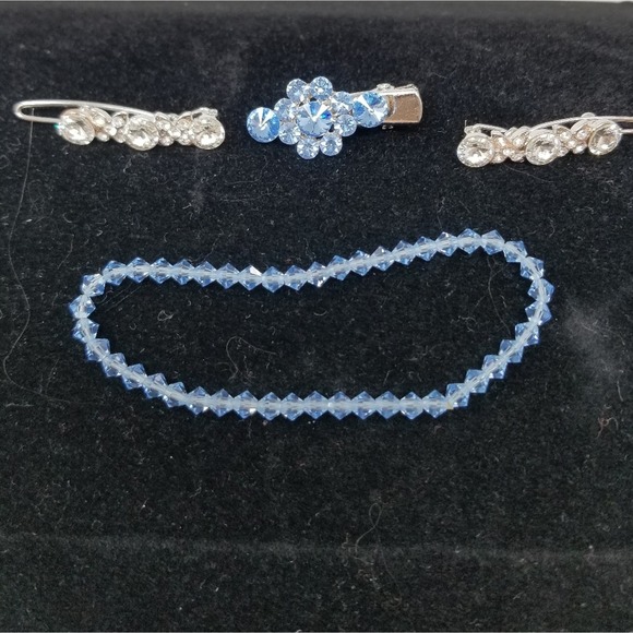 Set/3 Hair Baretts & Bracelet Blue Clear Stone - Picture 1 of 6